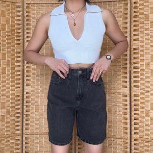 Dark Wash, High-Waisted, Mom-Fit Midi/Bermuda Denim Shorts